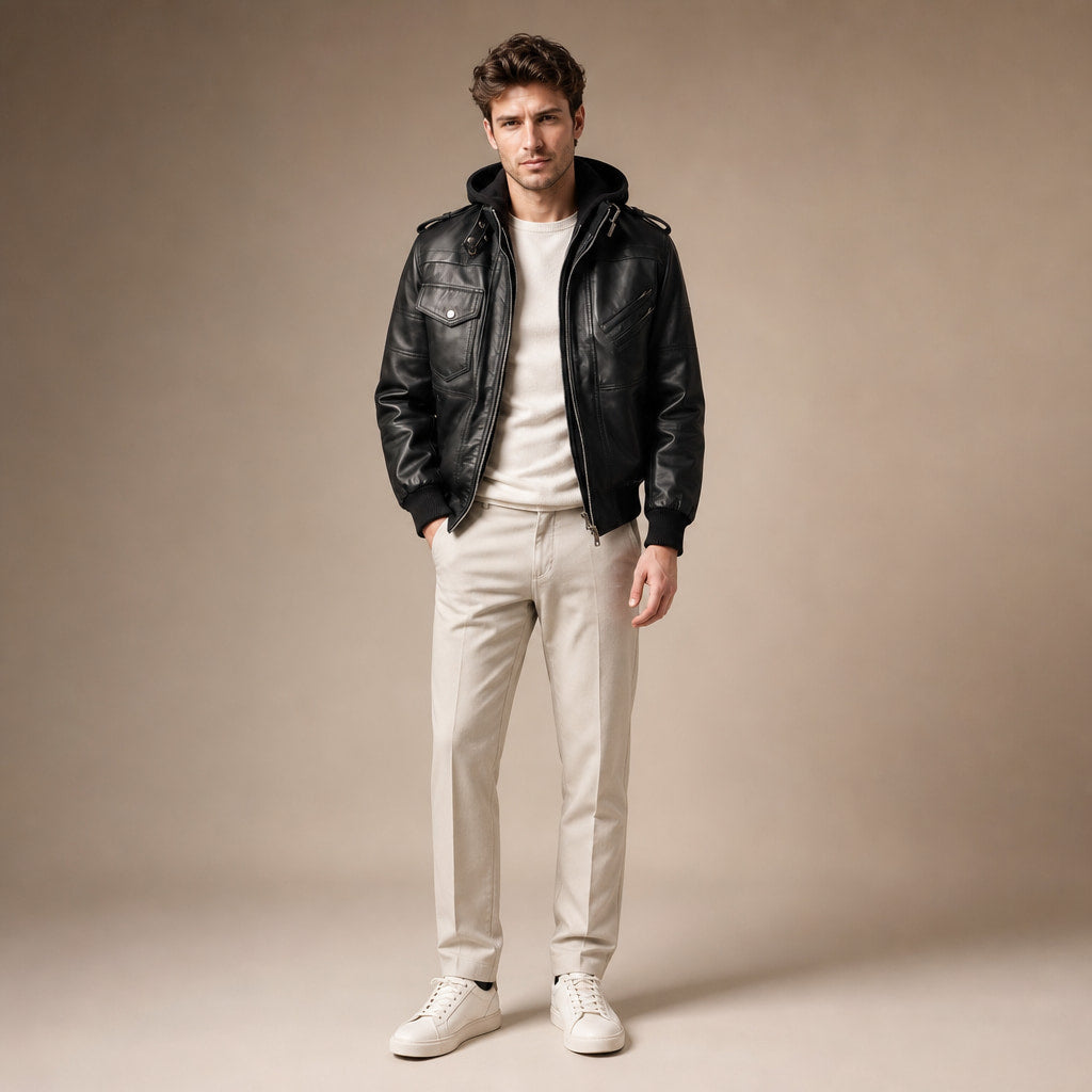 Spazz Black Bomber Leather Jacket with Removable Hood For Men Black – Full Look