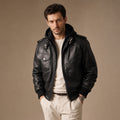 Spazz Black Bomber Leather Jacket with Removable Hood For Men Black – Product Photo