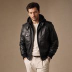 Spazz Black Bomber Leather Jacket with Removable Hood For Men Black – Product Photo