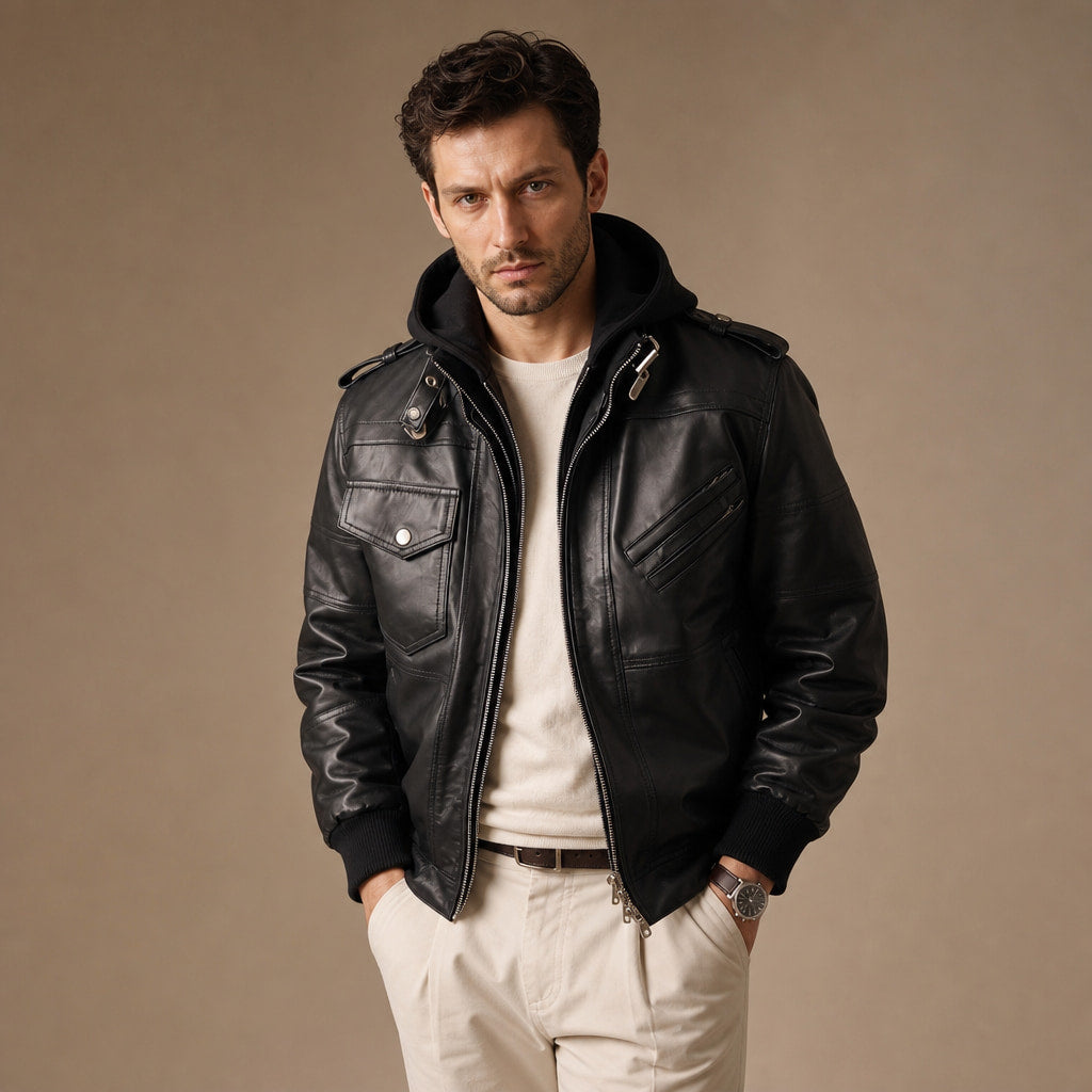 Spazz Black Bomber Leather Jacket with Removable Hood For Men Black – Product Photo