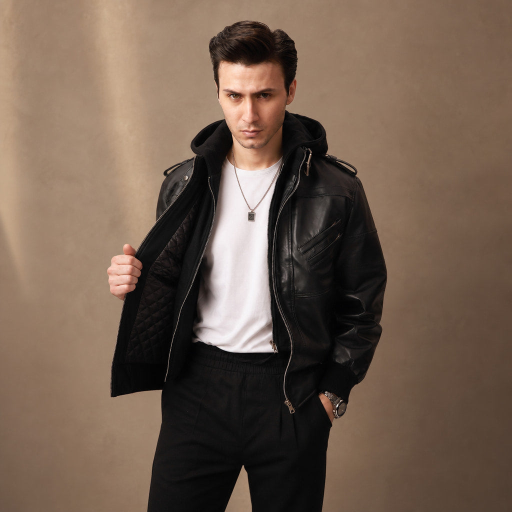 Spazz Black Bomber Leather Jacket with Removable Hood For Men in Black – Tarlano Premium Menswear
