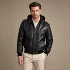 Spazz Black Bomber Leather Jacket with Removable Hood For Men in Black – Tarlano Premium Menswear