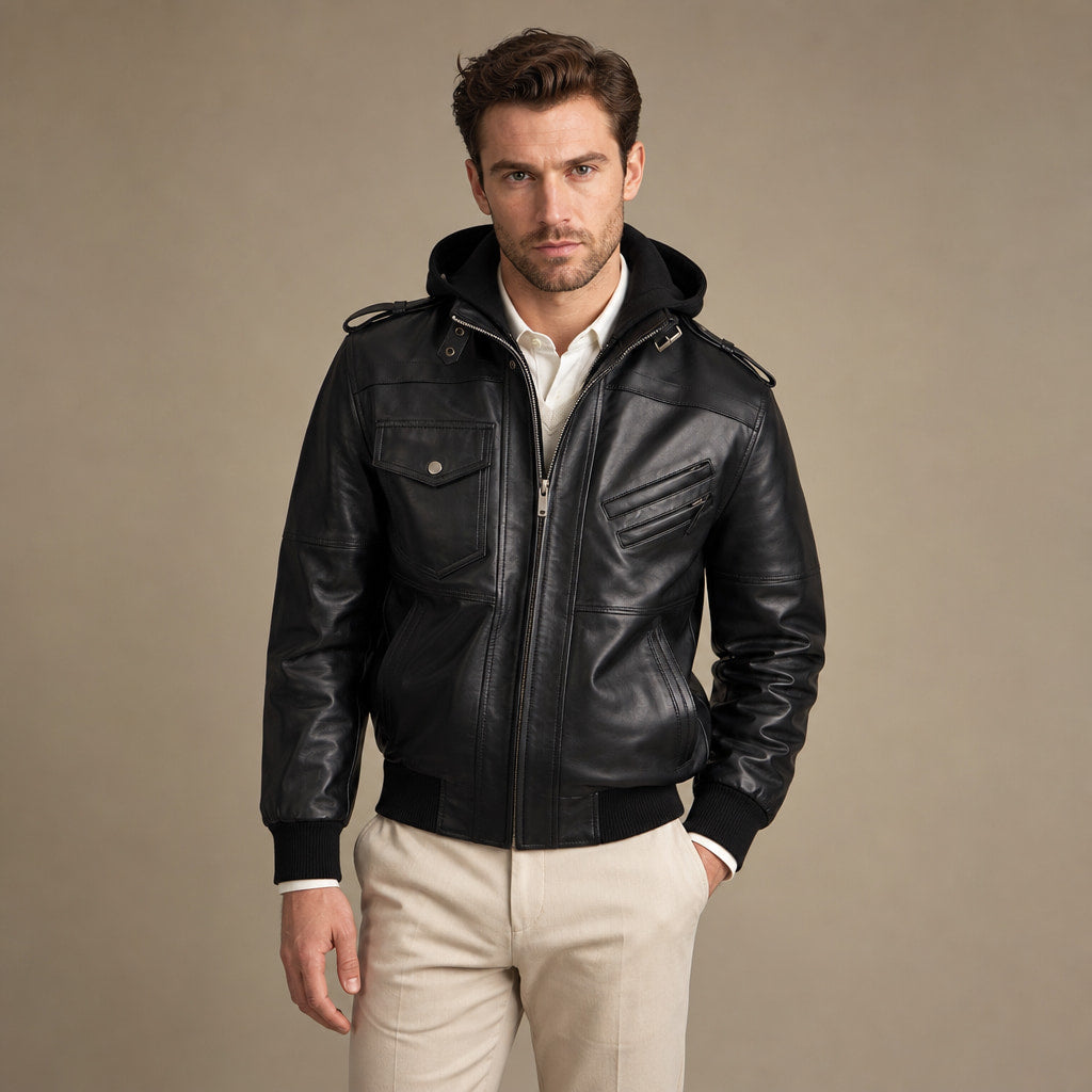 Spazz Black Bomber Leather Jacket with Removable Hood For Men in Black – Tarlano Premium Menswear