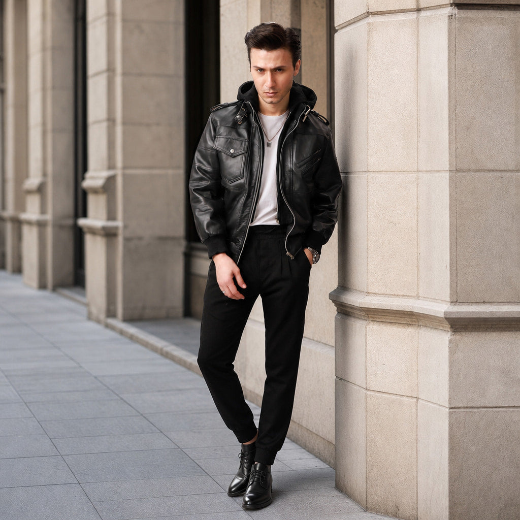 Spazz Black Bomber Leather Jacket with Removable Hood For Men Black – Styled Editorial Shot