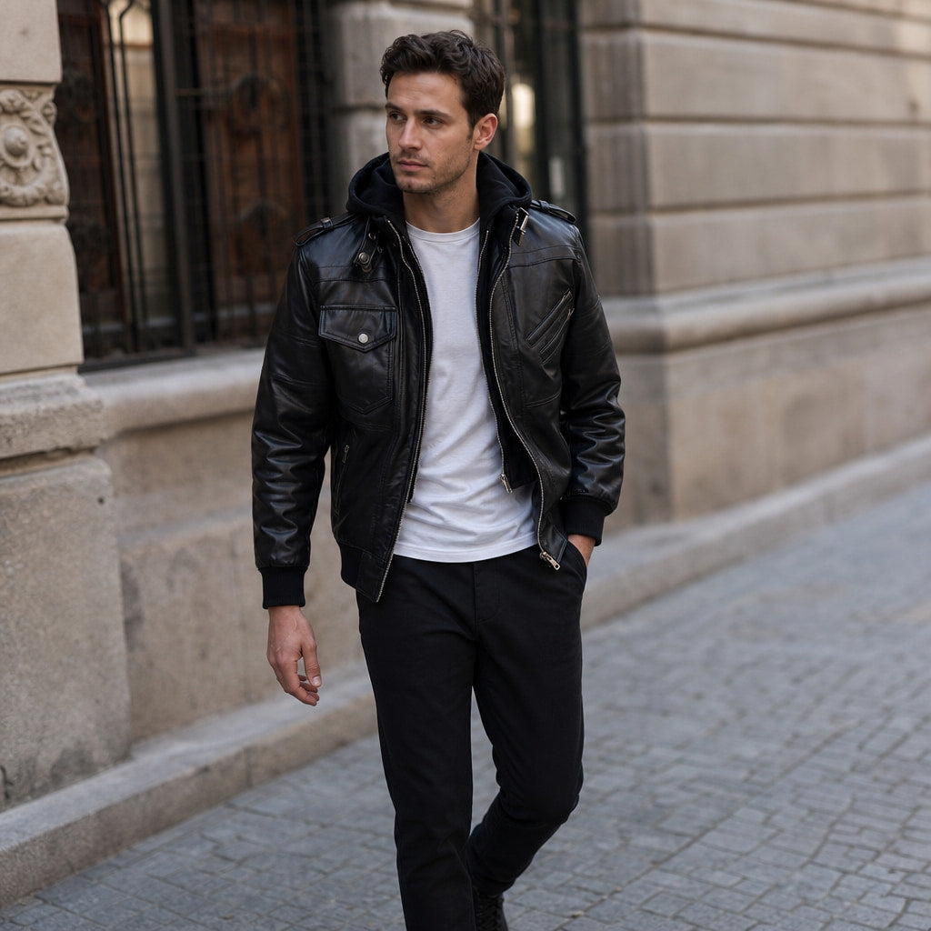 Spazz Black Bomber Leather Jacket with Removable Hood For Men Black – Styled Editorial Shot