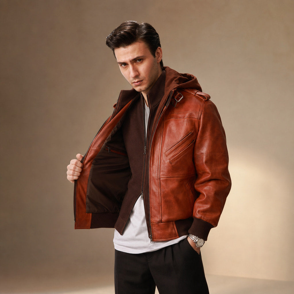 Spellcaster Brown Hooded Leather Bomber Jacket For Men Brown – Side Angle View