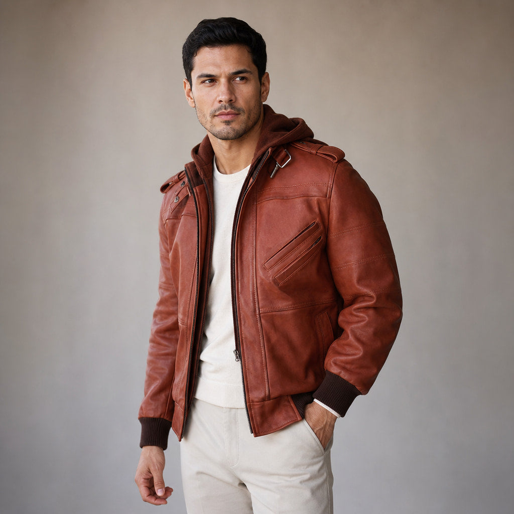Spellcaster Brown Hooded Leather Bomber Jacket For Men Brown – Side Angle View