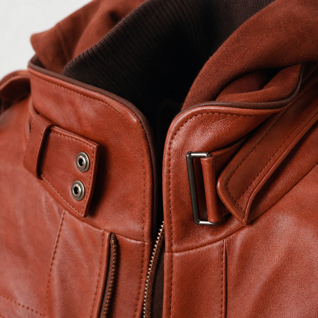 Spellcaster Brown Hooded Leather Bomber Jacket For Men Brown – Fabric and Detail Close-Up
