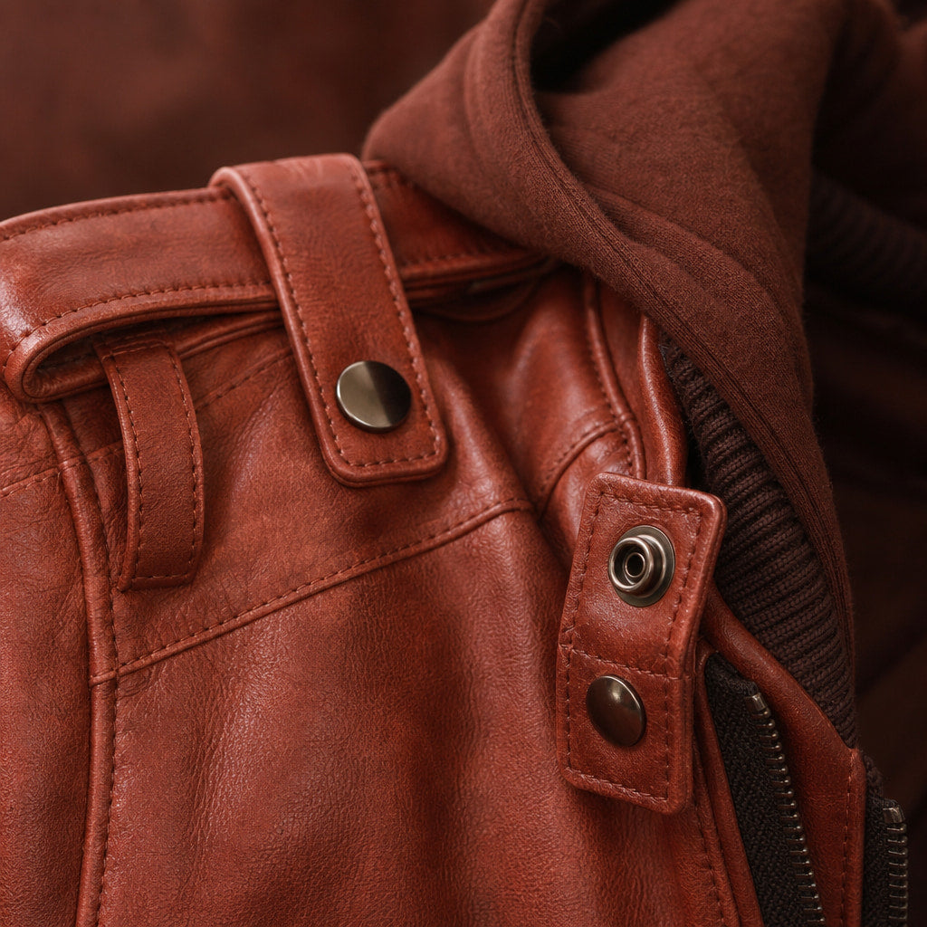 Spellcaster Brown Hooded Leather Bomber Jacket For Men Brown – Fabric and Detail Close-Up