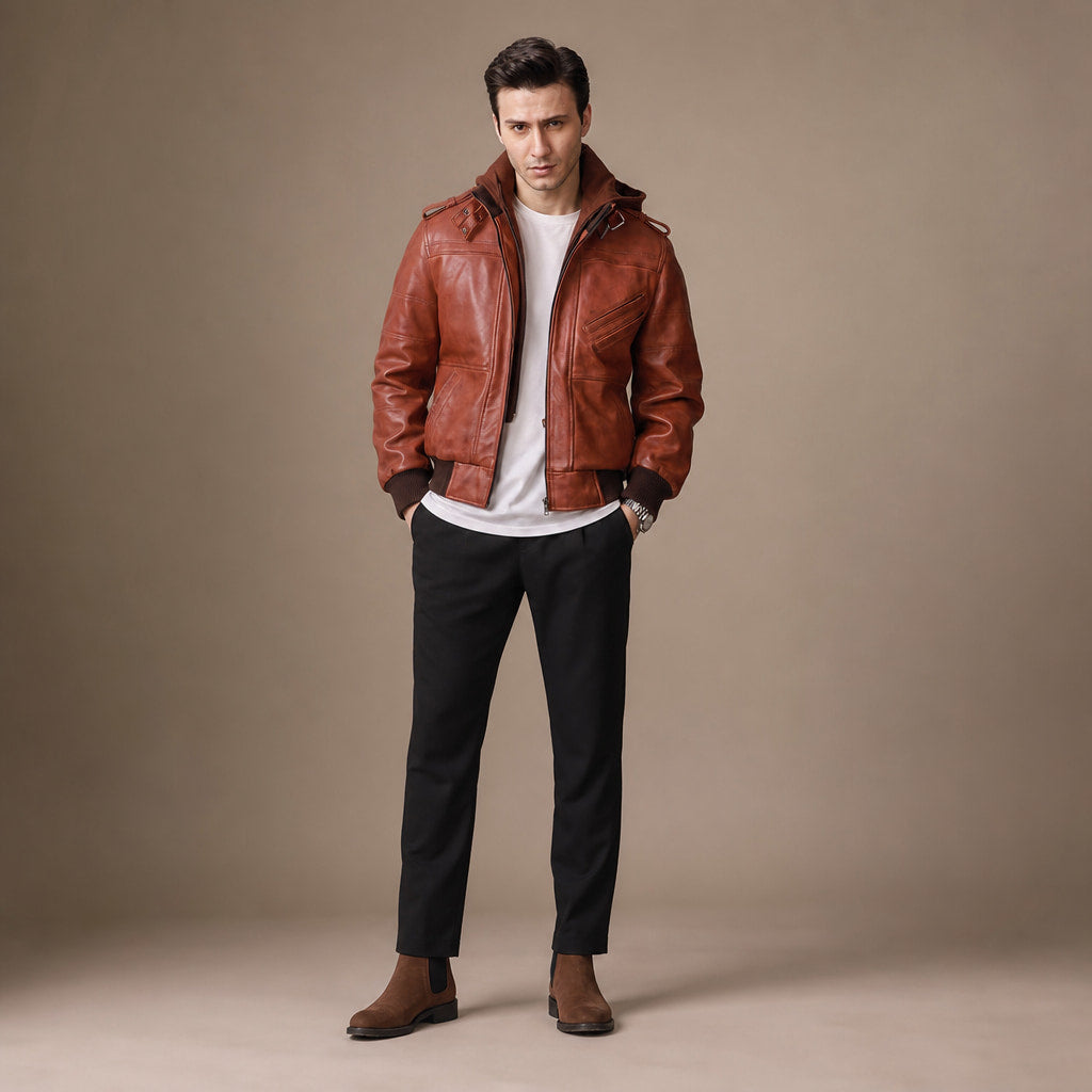 Spellcaster Brown Hooded Leather Bomber Jacket For Men Brown – Full Look
