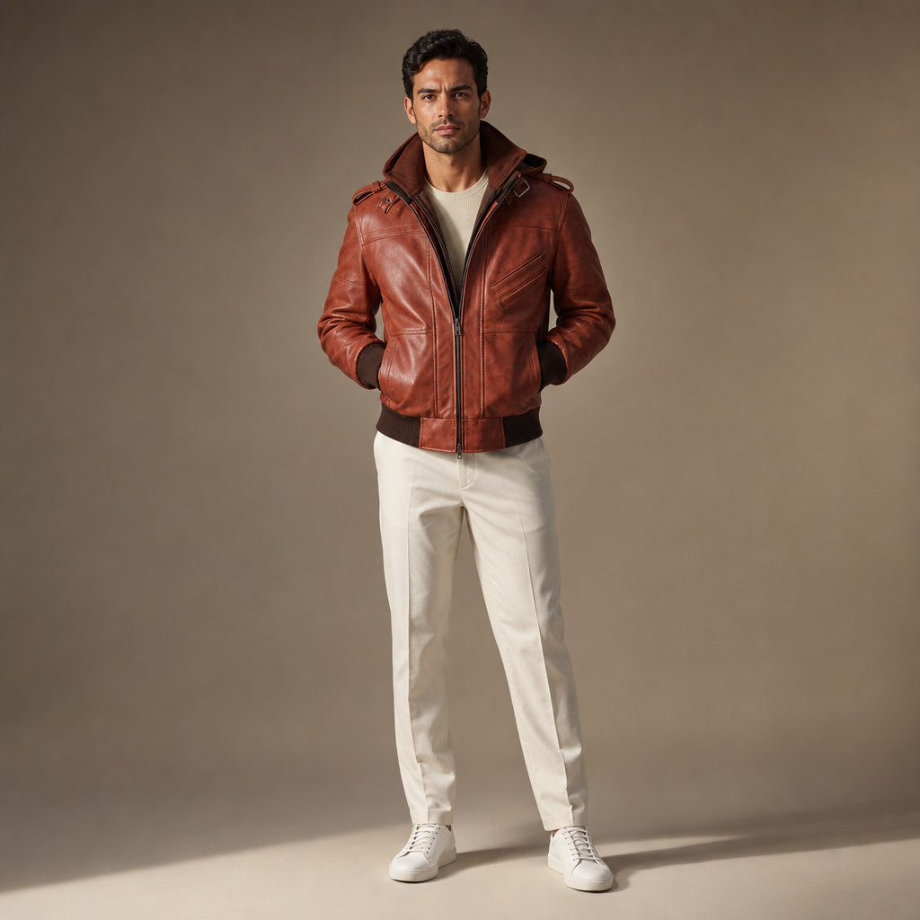 Spellcaster Brown Hooded Leather Bomber Jacket For Men Brown – Full Look