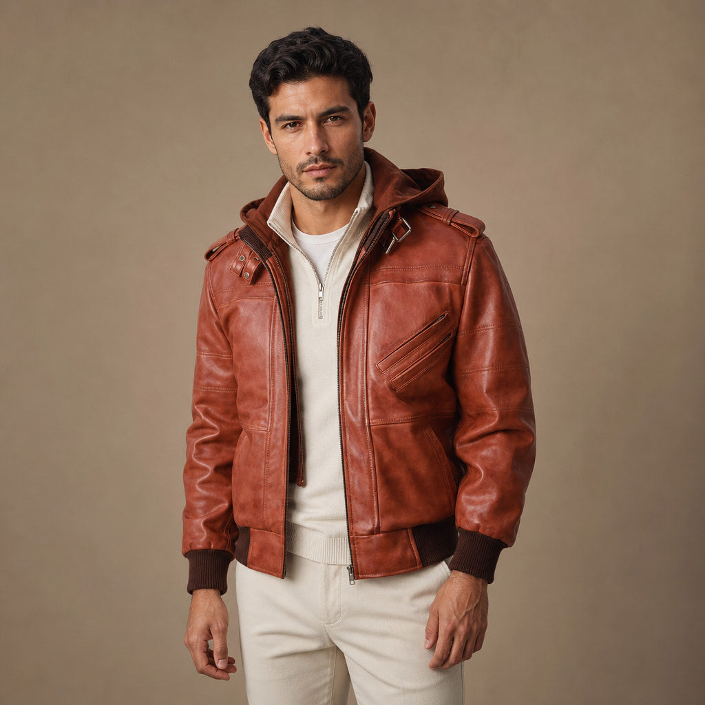 Spellcaster Brown Hooded Leather Bomber Jacket For Men Brown – Product Photo