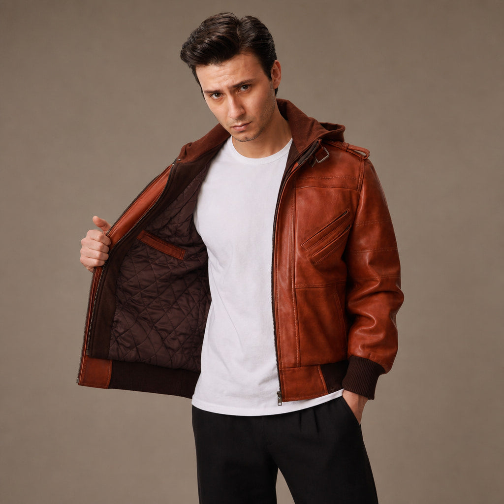 Spellcaster Brown Hooded Leather Bomber Jacket For Men in Brown – Tarlano Premium Menswear