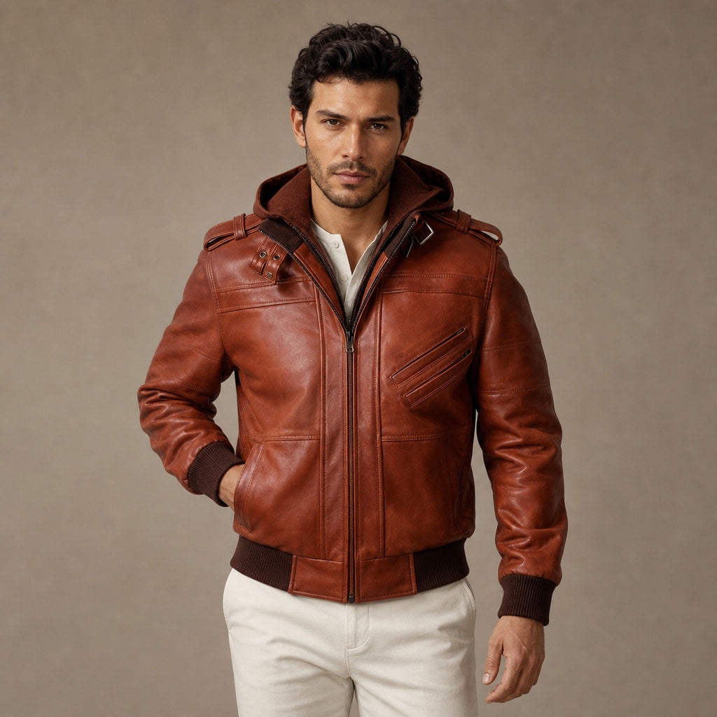 Spellcaster Brown Hooded Leather Bomber Jacket For Men in Brown – Tarlano Premium Menswear