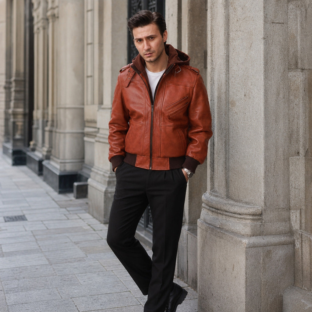 Spellcaster Brown Hooded Leather Bomber Jacket For Men Brown – Styled Editorial Shot
