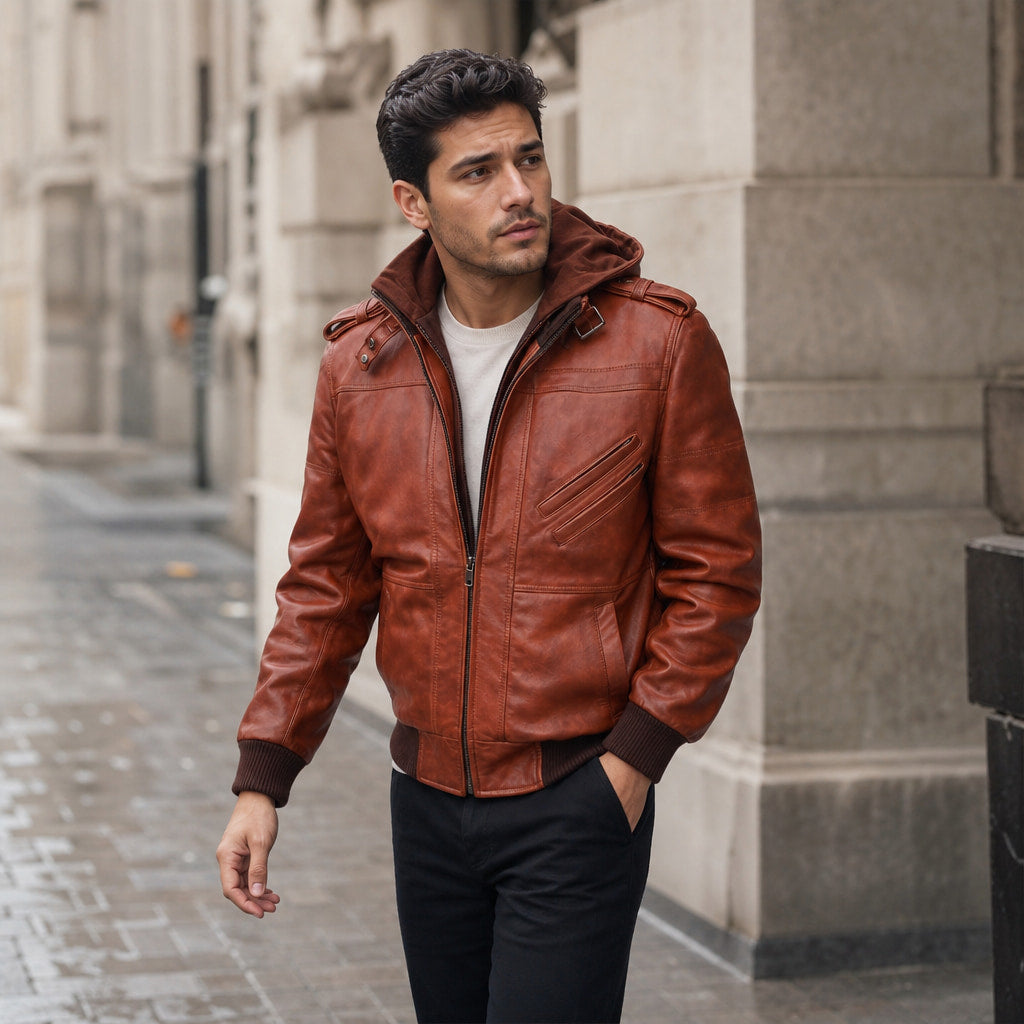 Spellcaster Brown Hooded Leather Bomber Jacket For Men Brown – Styled Editorial Shot