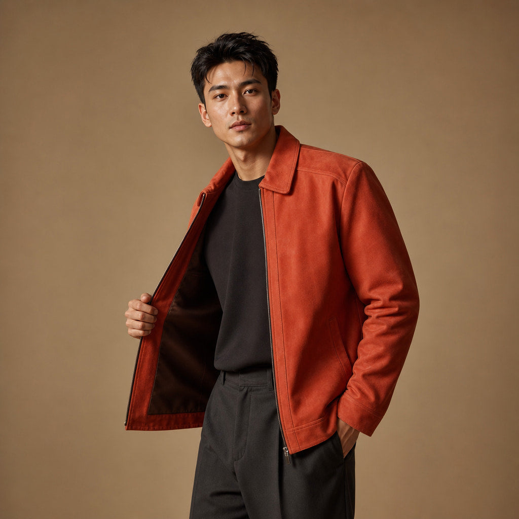 Splendid Orange Suede Trucker Leather Jacket For Men Orange – Side Angle View