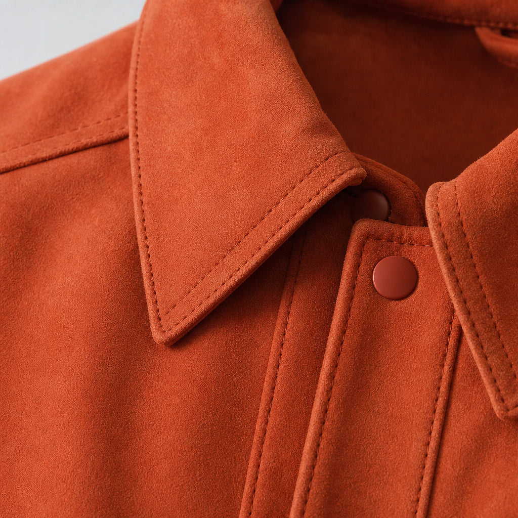 Splendid Orange Suede Trucker Leather Jacket For Men Orange – Fabric and Detail Close-Up