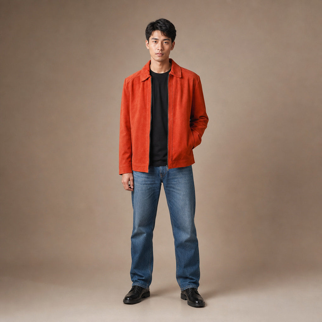 Splendid Orange Suede Trucker Leather Jacket For Men Orange – Full Look