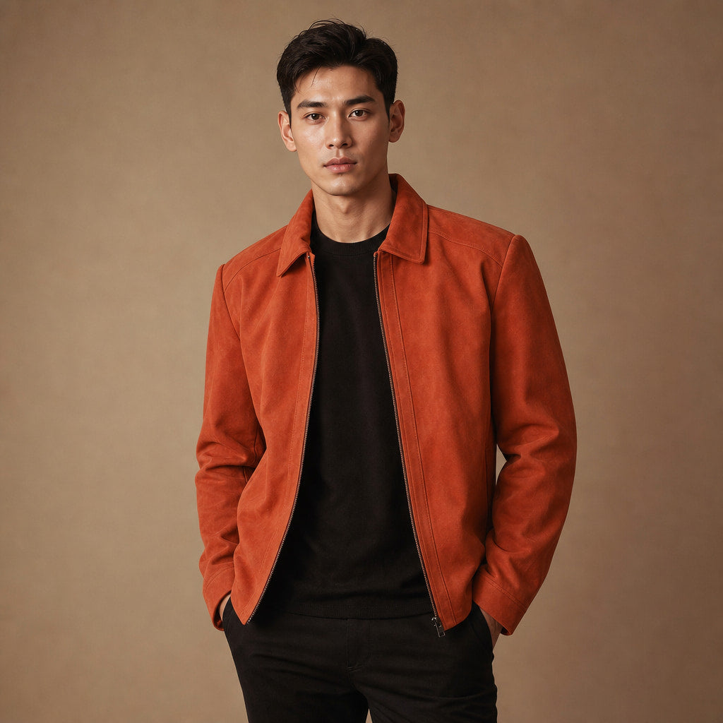 Splendid Orange Suede Trucker Leather Jacket For Men Orange – Product Photo
