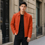 Splendid Orange Suede Trucker Leather Jacket For Men Orange – Styled Editorial Shot