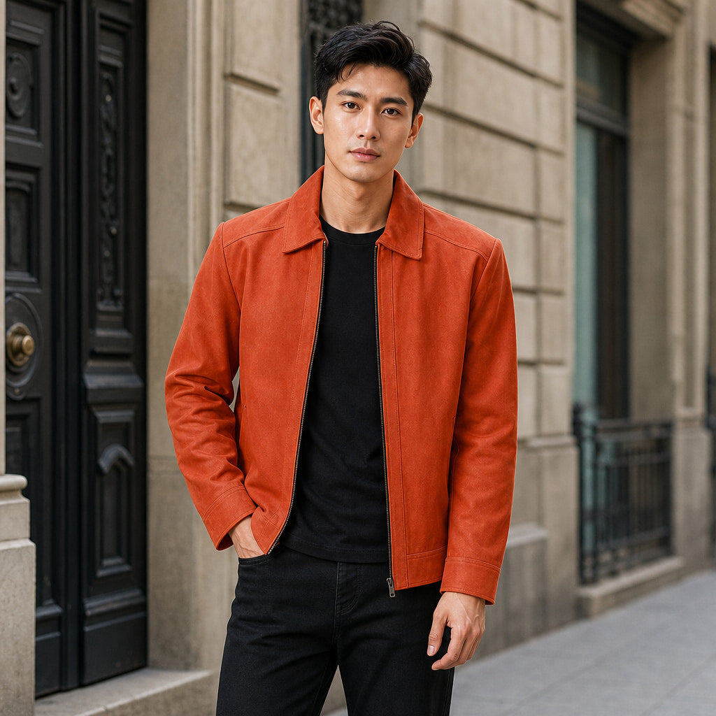 Splendid Orange Suede Trucker Leather Jacket For Men Orange – Styled Editorial Shot