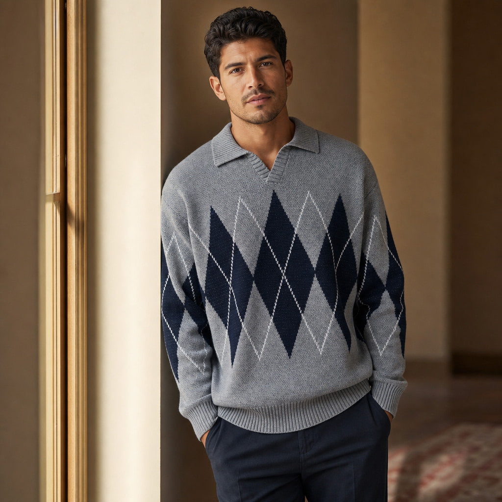 St. Andrews Argyle Knit Gray – Styled Editorial Shot