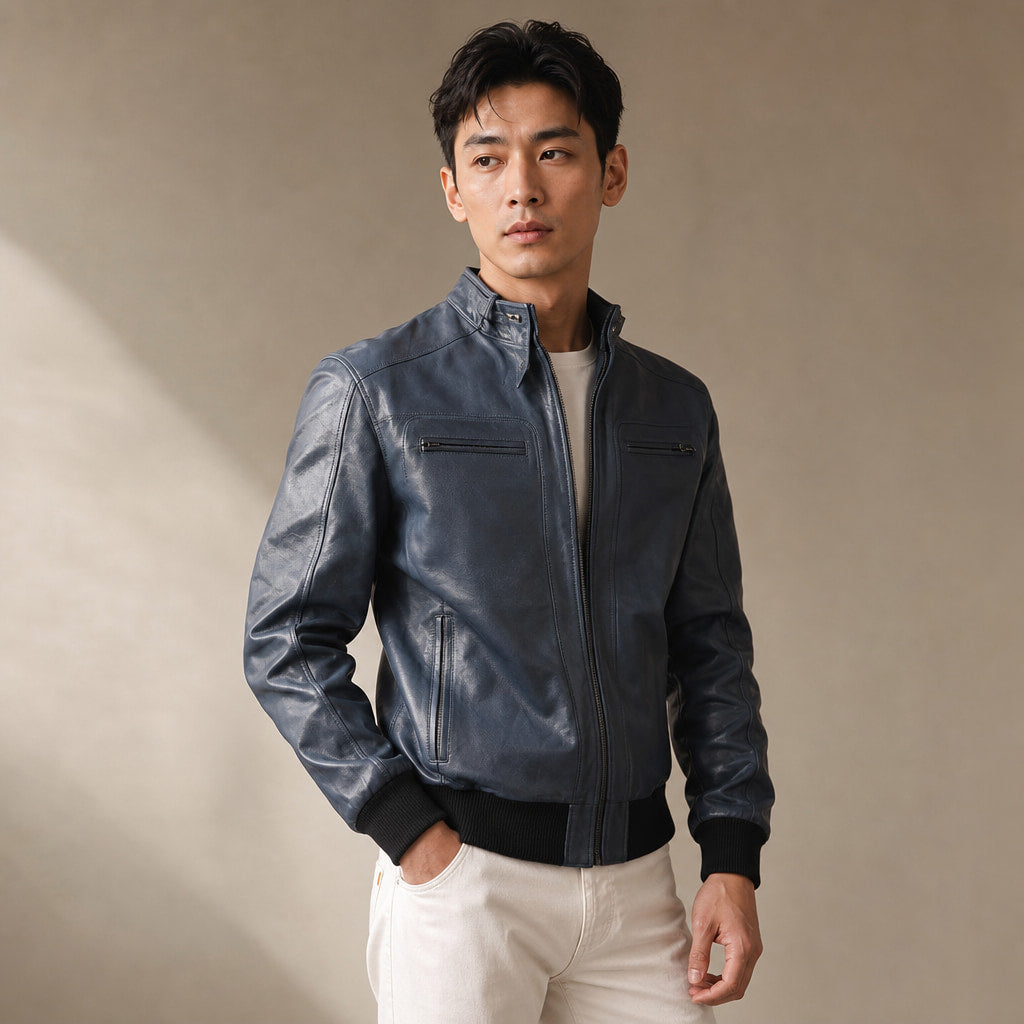 Static Blue Leather Bomber Style Jacket For Men Blue – Side Angle View