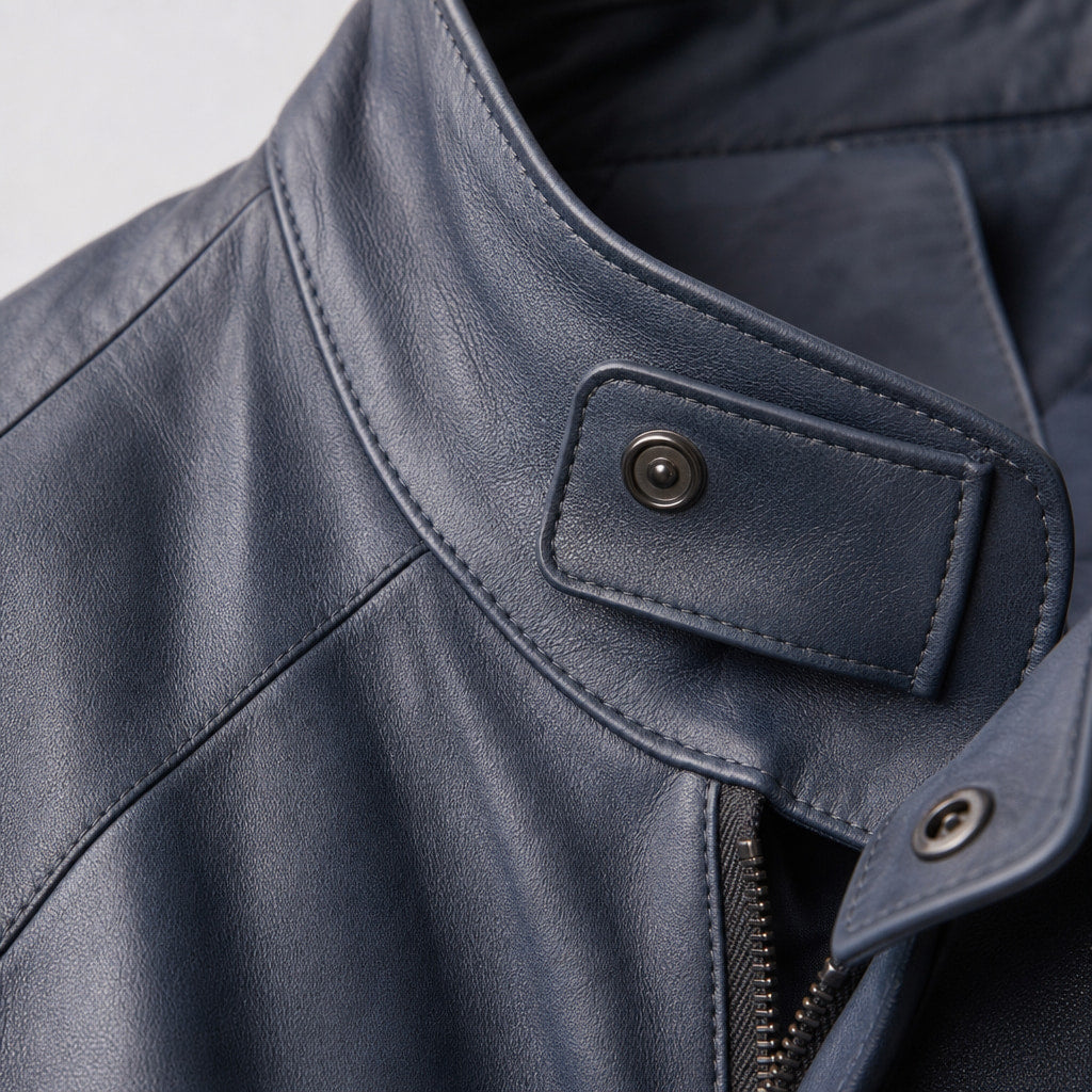 Static Blue Leather Bomber Style Jacket For Men Blue – Fabric and Detail Close-Up