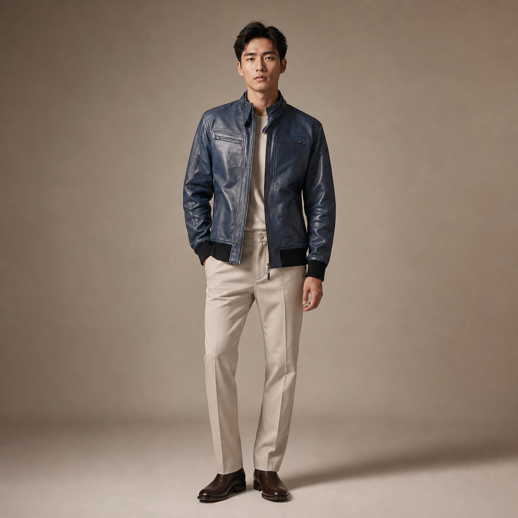 Static Blue Leather Bomber Style Jacket For Men Blue – Full Look