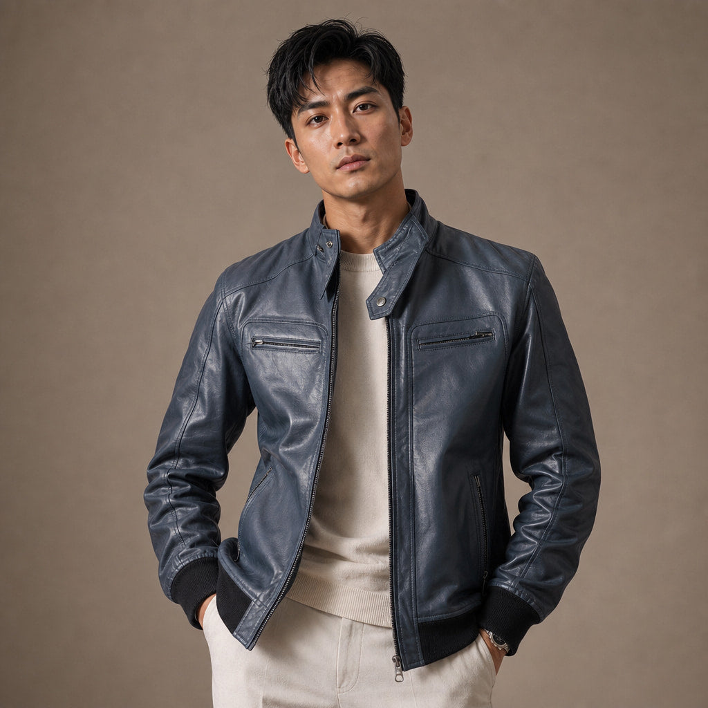 Static Blue Leather Bomber Style Jacket For Men Blue – Product Photo