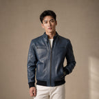 Static Blue Leather Bomber Style Jacket For Men in Blue – Tarlano Premium Menswear
