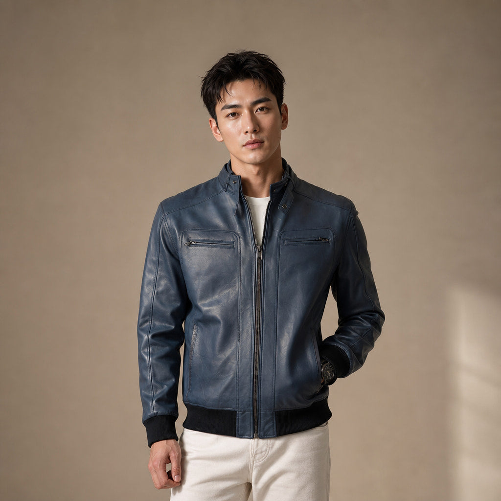 Static Blue Leather Bomber Style Jacket For Men in Blue – Tarlano Premium Menswear
