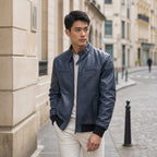 Static Blue Leather Bomber Style Jacket For Men Blue – Styled Editorial Shot