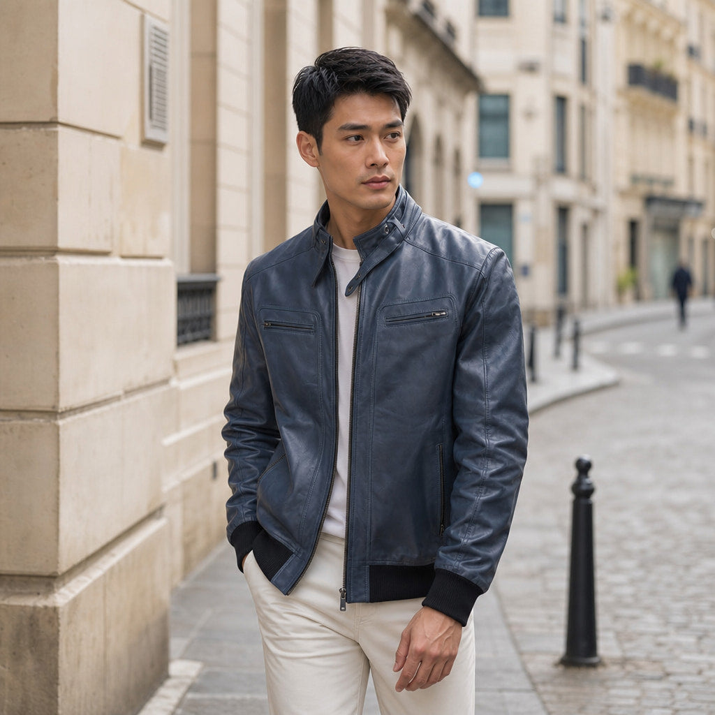 Static Blue Leather Bomber Style Jacket For Men Blue – Styled Editorial Shot