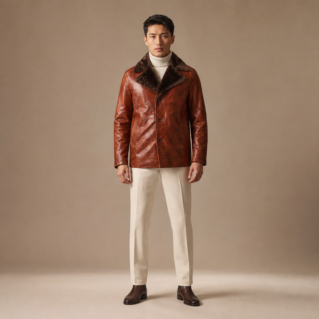 Sterling Cinnamon Brown Shearling Leather Coat For Men in Brown – Tarlano Premium Menswear