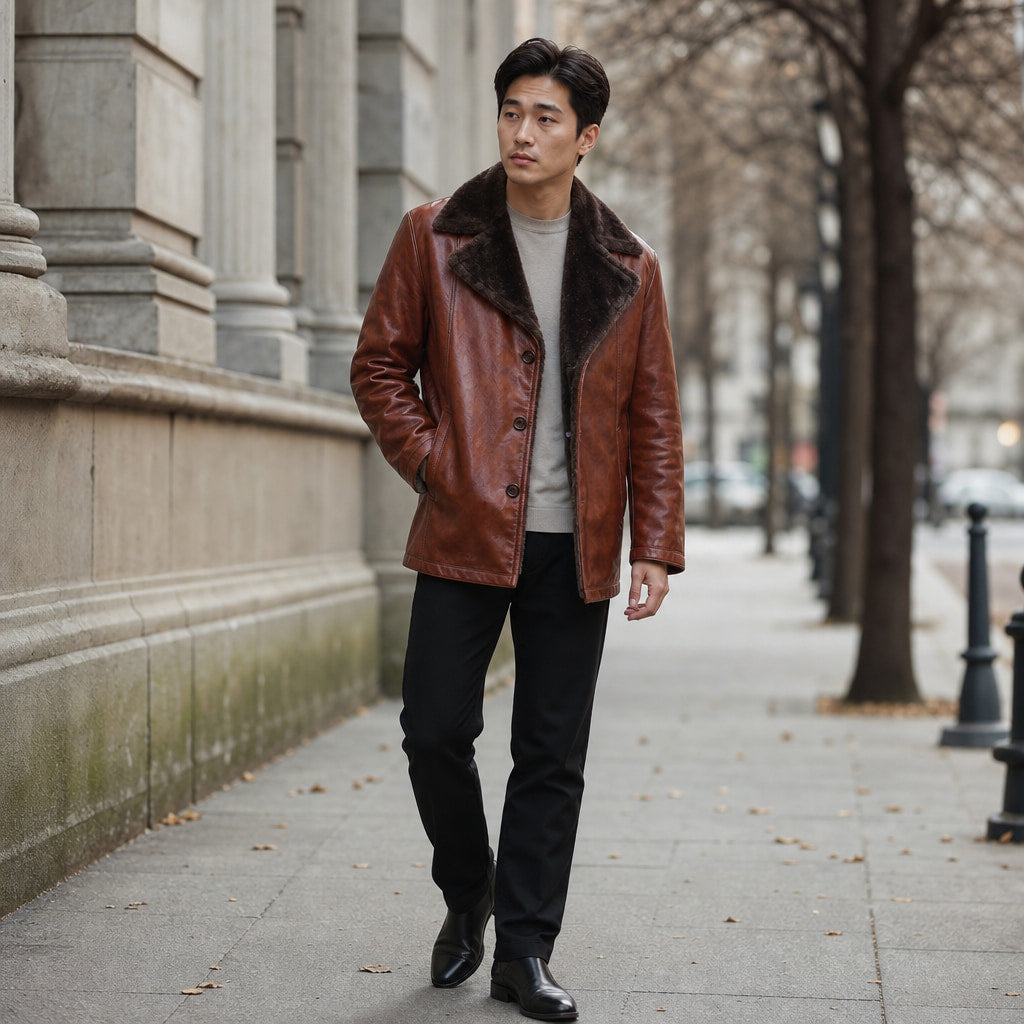 Sterling Cinnamon Brown Shearling Leather Coat For Men Brown – Styled Editorial Shot