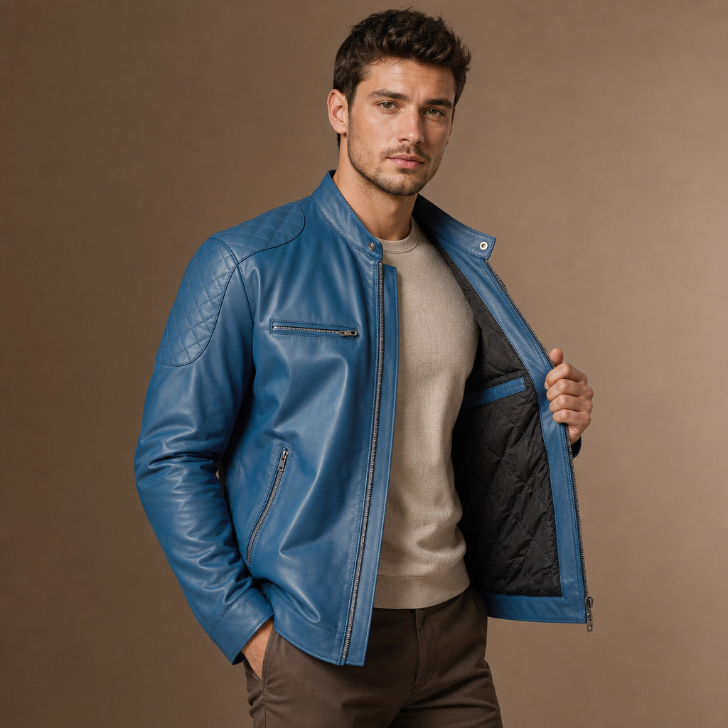 Streety Crystal Teal Blue Cafe Racer Leather Jacket For Men Blue – Side Angle View
