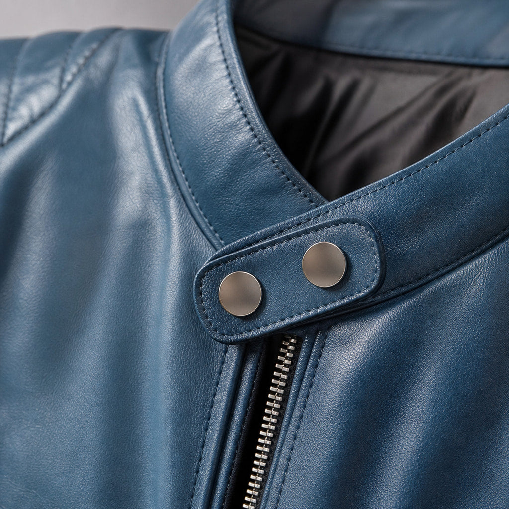Streety Crystal Teal Blue Cafe Racer Leather Jacket For Men Blue – Fabric and Detail Close-Up
