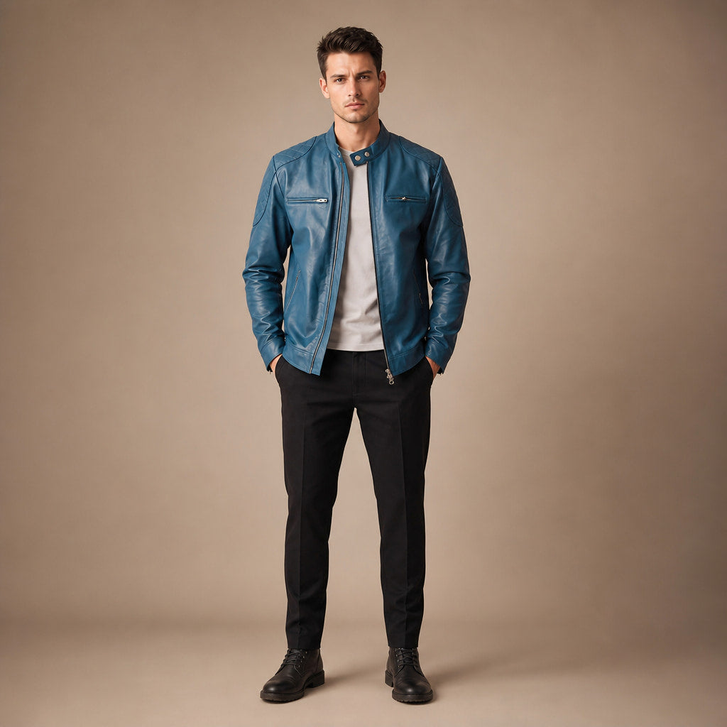 Streety Crystal Teal Blue Cafe Racer Leather Jacket For Men Blue – Full Look