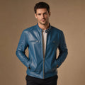 Streety Crystal Teal Blue Cafe Racer Leather Jacket For Men Blue – Product Photo