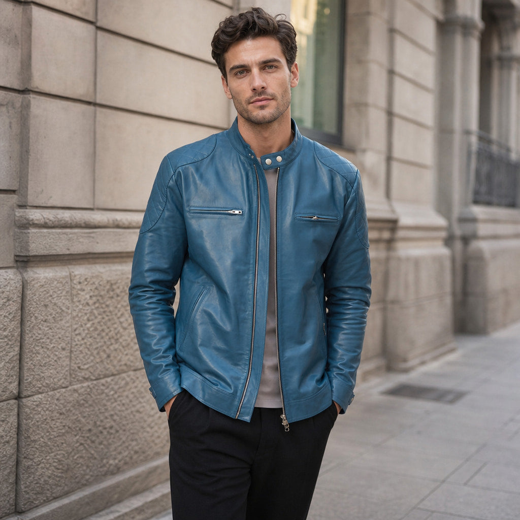 Streety Crystal Teal Blue Cafe Racer Leather Jacket For Men Blue – Styled Editorial Shot
