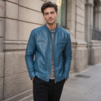 Streety Crystal Teal Blue Cafe Racer Leather Jacket For Men Blue – Styled Editorial Shot