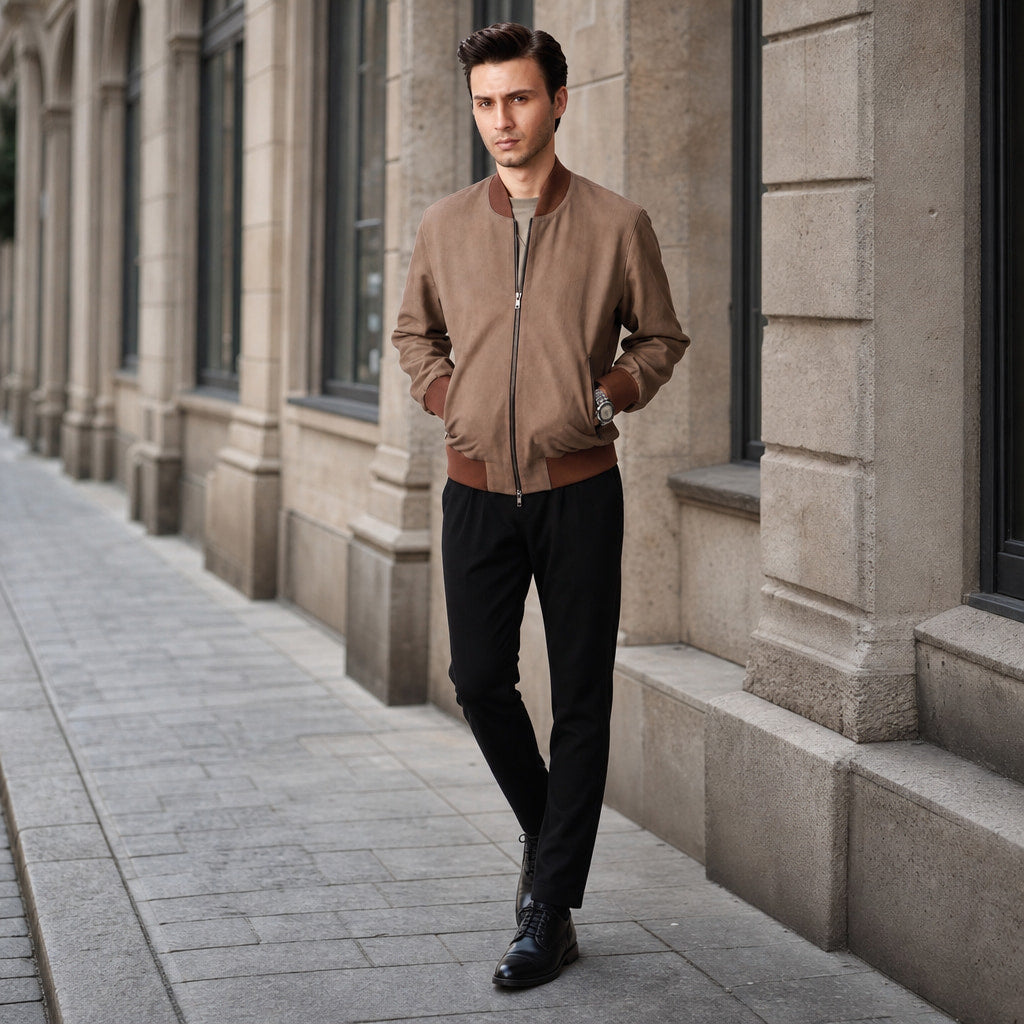 The Stunner Nubuck Bomber Jacket For Men – Styled Editorial Shot
