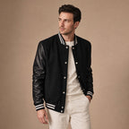 The Titan Black Varsity Wool Leather Jacket For Men Black – Side Angle View