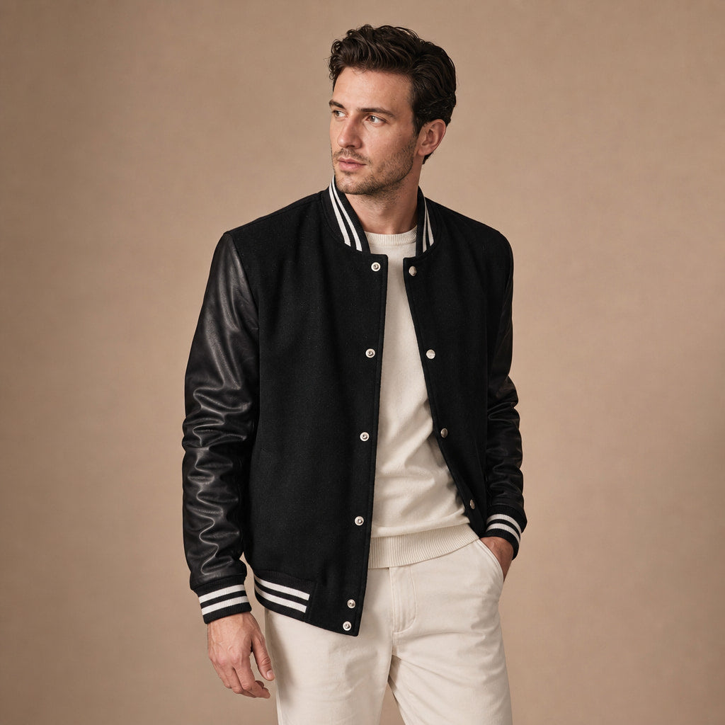 The Titan Black Varsity Wool Leather Jacket For Men Black – Side Angle View