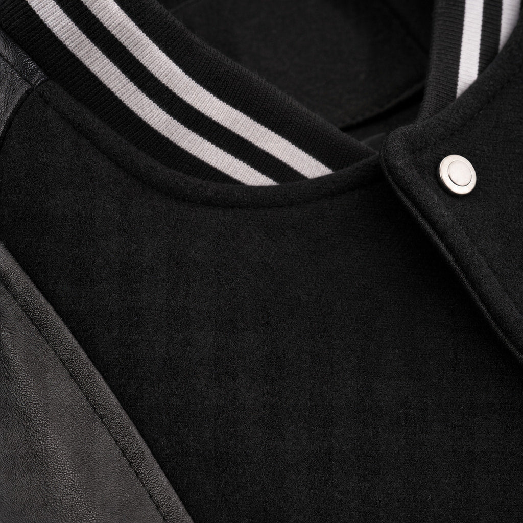 The Titan Black Varsity Wool Leather Jacket For Men Black – Fabric and Detail Close-Up