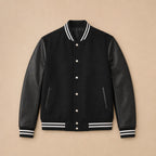 The Titan Black Varsity Wool Leather Jacket For Men Black – Flat Lay Product Photo