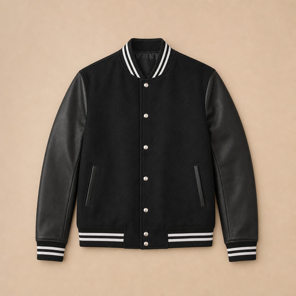 The Titan Black Varsity Wool Leather Jacket For Men Black – Flat Lay Product Photo