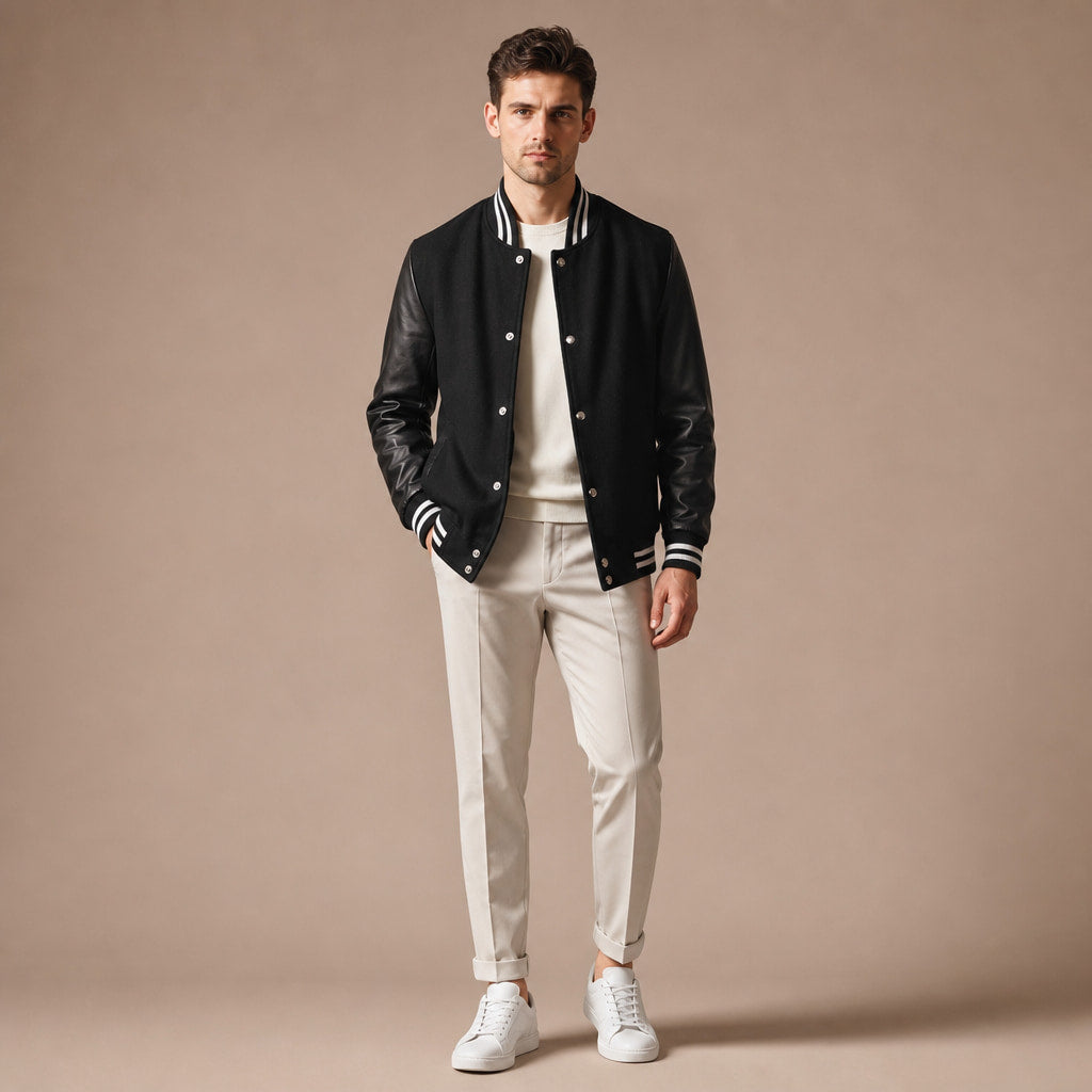 The Titan Black Varsity Wool Leather Jacket For Men Black – Full Look